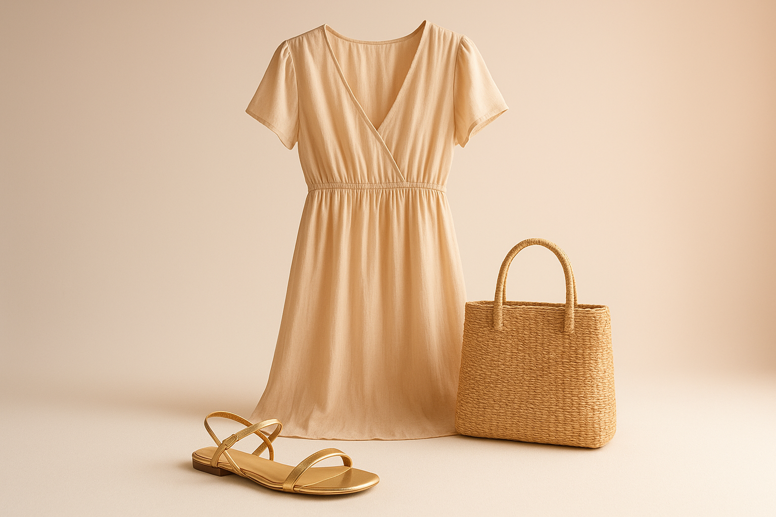 Sapatos Look completo com rasteirinha metálica dourada combinando com vestido midi fluido e bolsa de palha