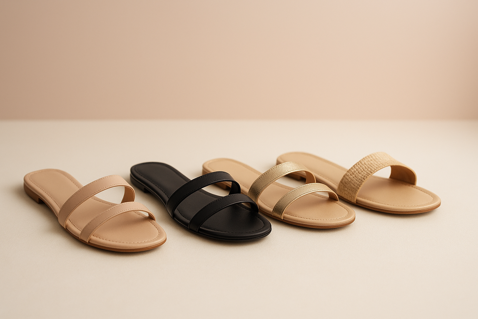 Sapatos Quatro rasteirinhas em cores estratégicas: nude, preto, dourado e palha alinhadas em composição harmônica