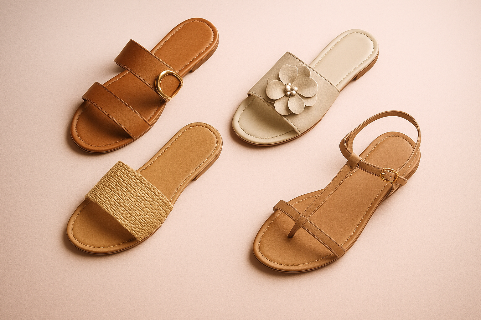Sapatos Sandálias rasteirinhas femininas organizadas em flat-lay sobre fundo rosa claro: modelos de couro, com metais, flor a