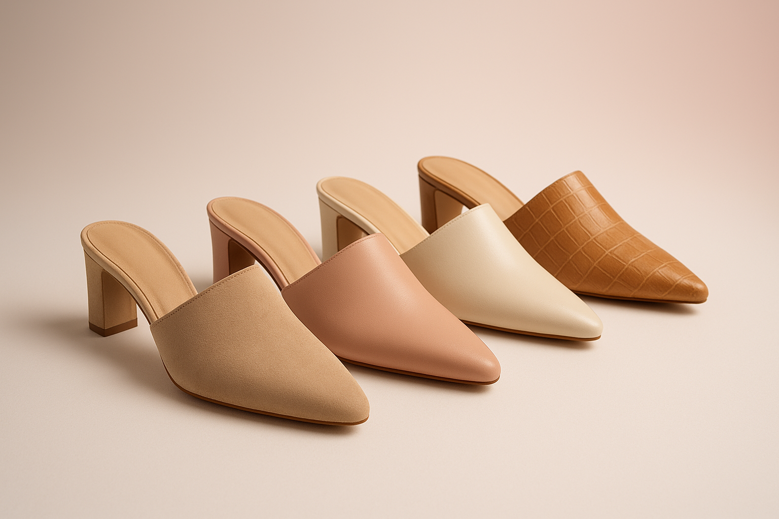Sapatos Femininos Coleção variada de sapatos mule femininos em diferentes cores e materiais