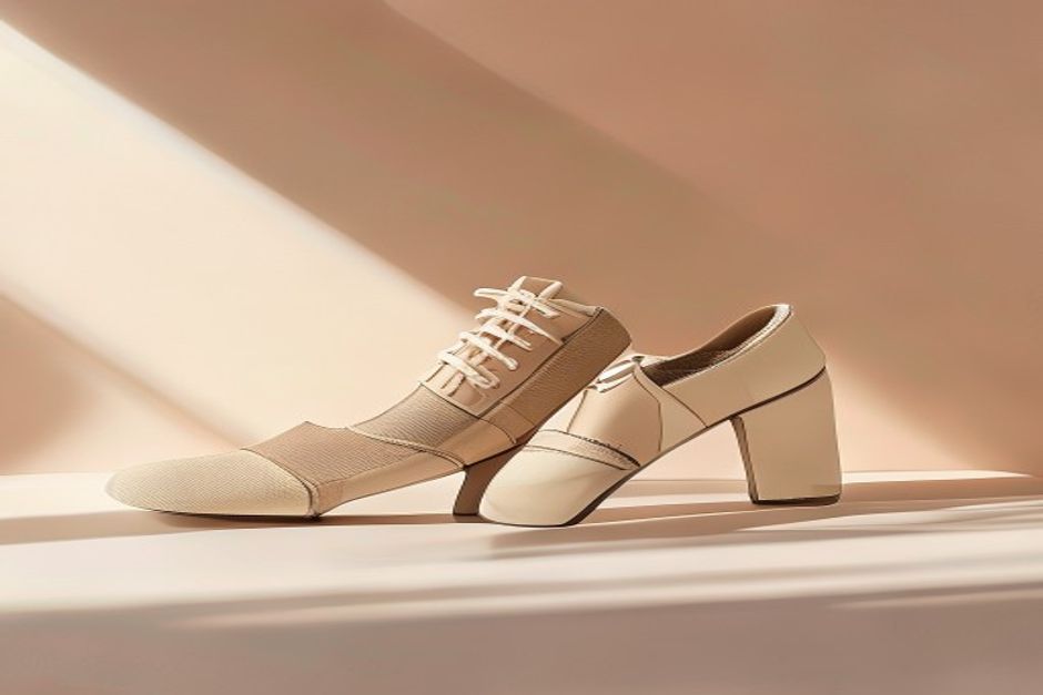 Scarpin e mules femininos organizados por tipo em uma prateleira