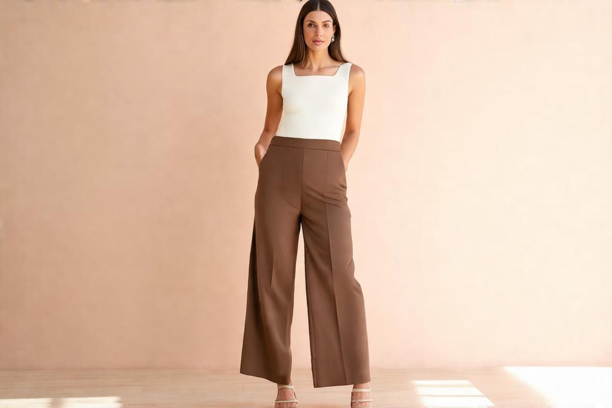 Sapatos femininos mulher usando mule salto bloco com calca wide leg em look casual elegante