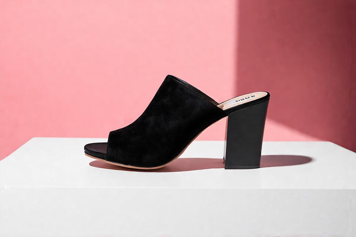 Sapatos femininos mule de couro preto com salto bloco em close up mostrando acabamento