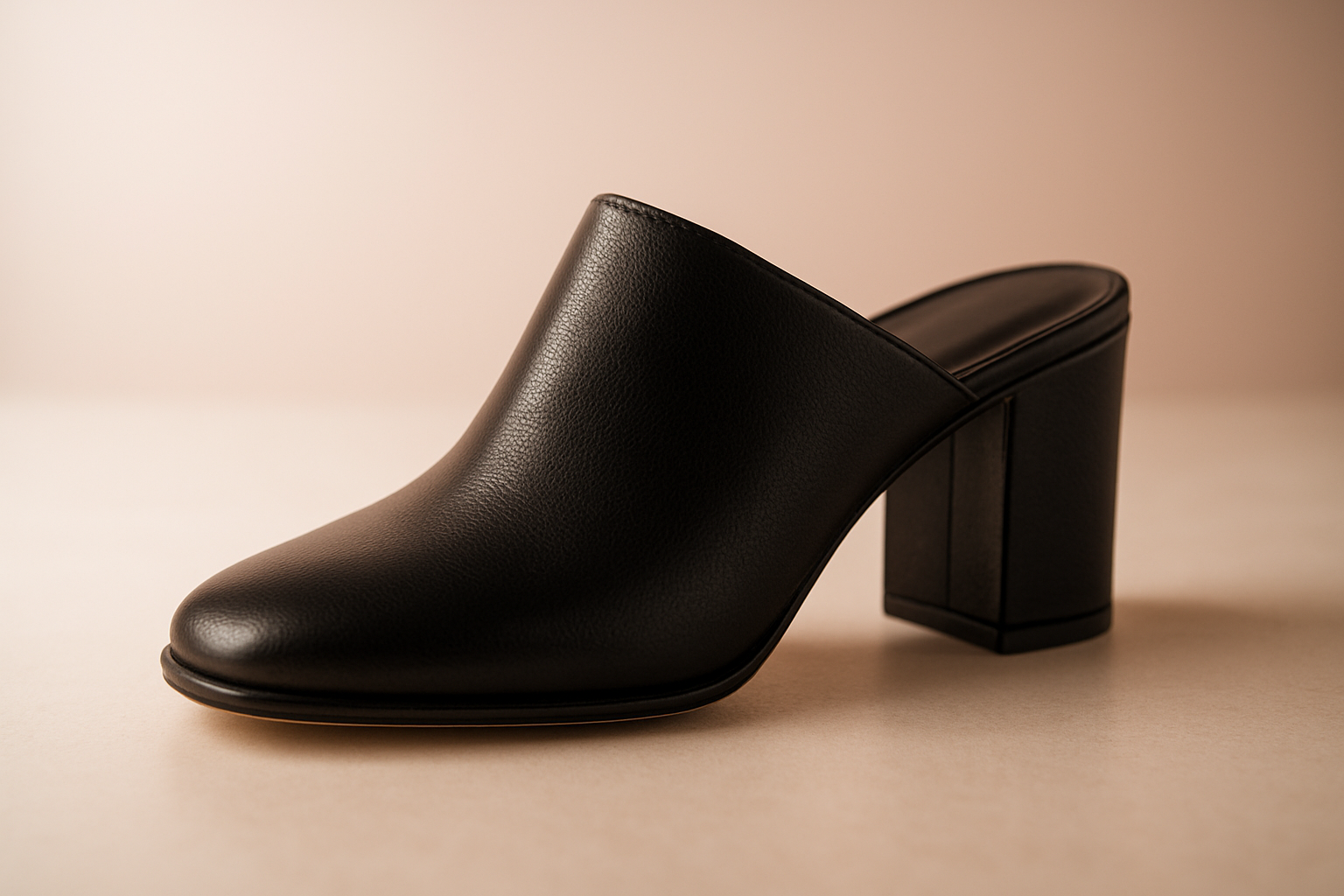 Sapatos Femininos Mule de couro preto com salto bloco em close-up mostrando acabamento