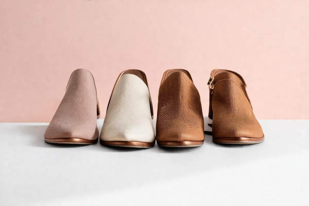 Flat lay de diferentes modelos de mule femininos lado a lado variedade de cores e materiais