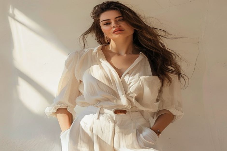 Look feminino combinando mule com calca e blusa em estilo casual chic