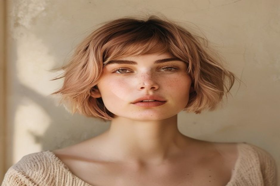 Mulher com corte de cabelo bob assimetrico e coloracao balayage rosada