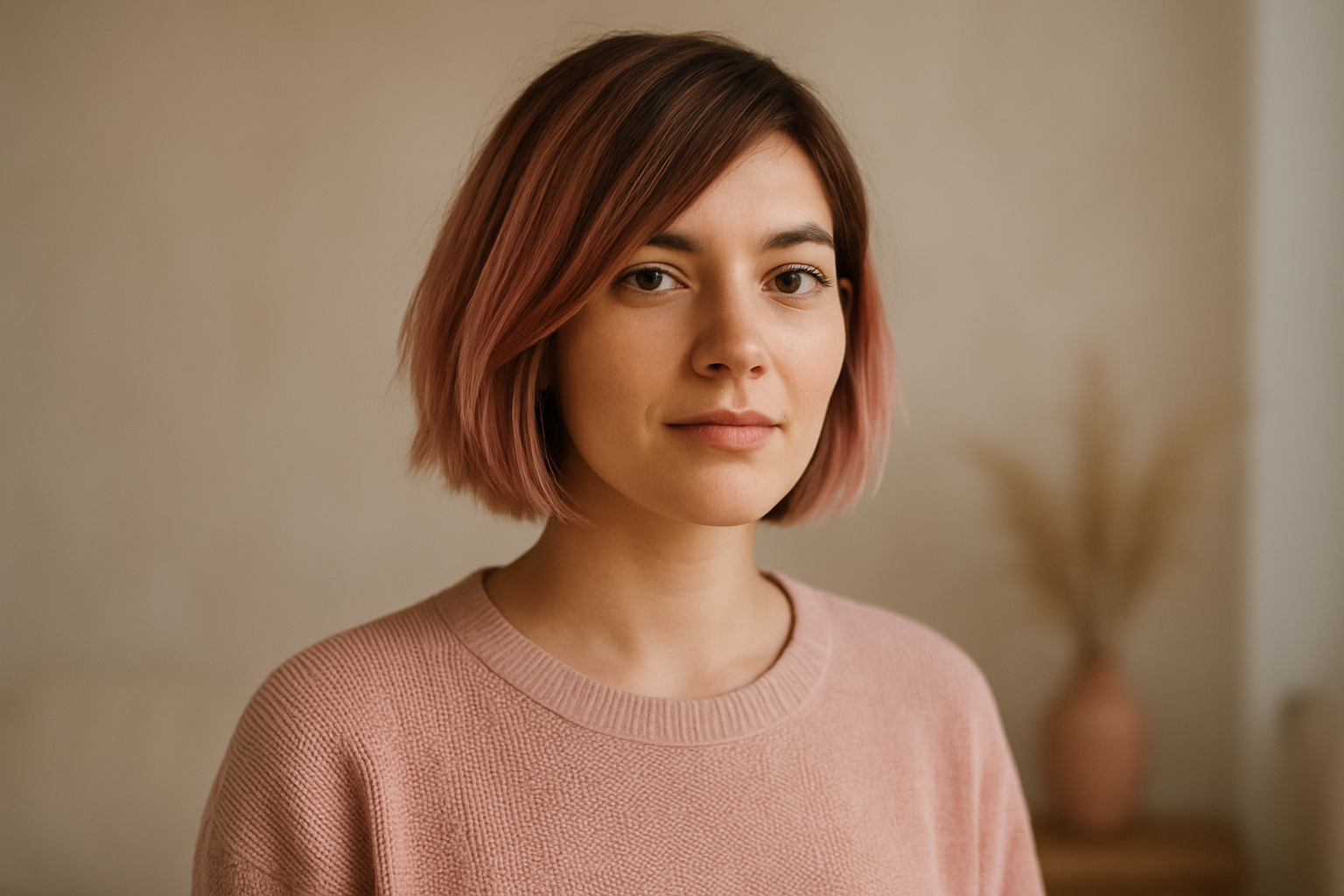 Cabelos Mulher com corte de cabelo bob assimétrico e coloração balayage em tons rosé