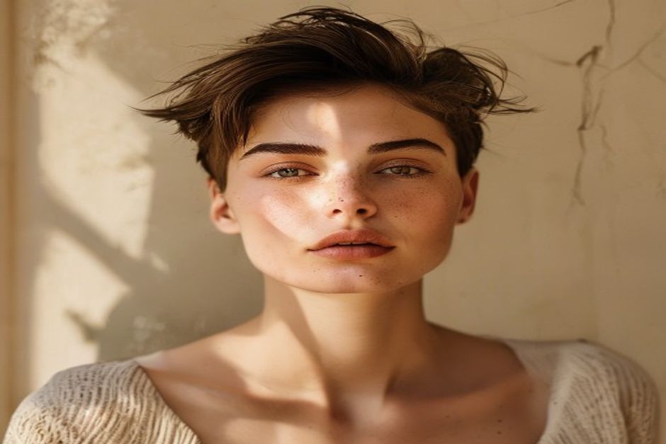Mulher com corte de cabelo moderno e cabelos estilizados e brilhantes
