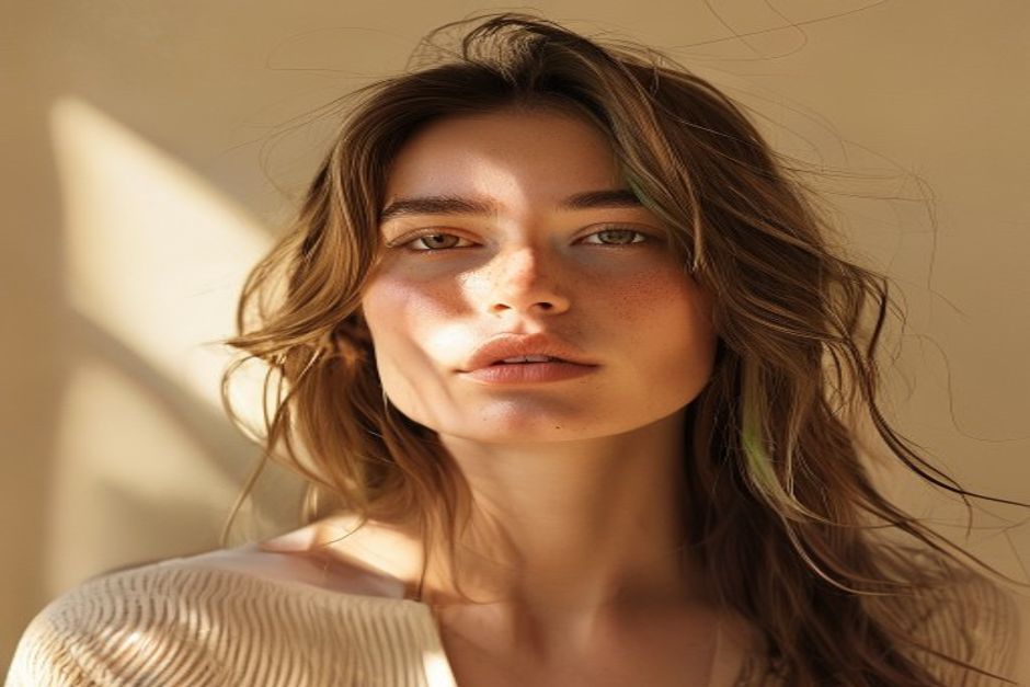 Cabelos prateleira com produtos capilares coloridos e amostras de cores de cabelo da moda