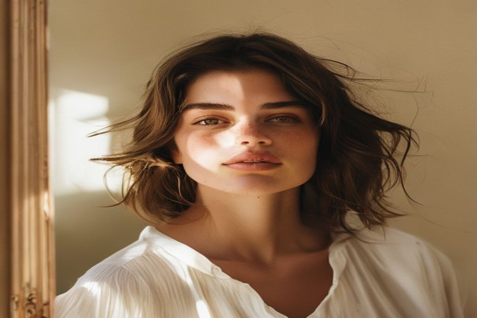 Cabelos mulher estilizando cabelo com acessorios modernos em frente ao espelho