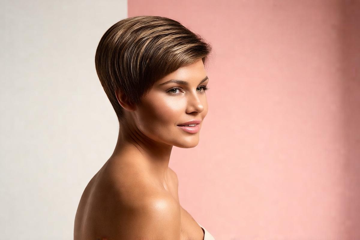 Mulher com corte de cabelo moderno em 2025 cabelos estilizados e brilhantes