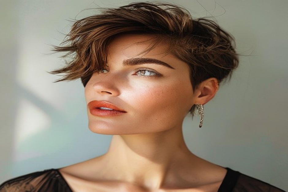 Mulher com corte de cabelo moderno em 2025 cabelos estilizados e brilhantes