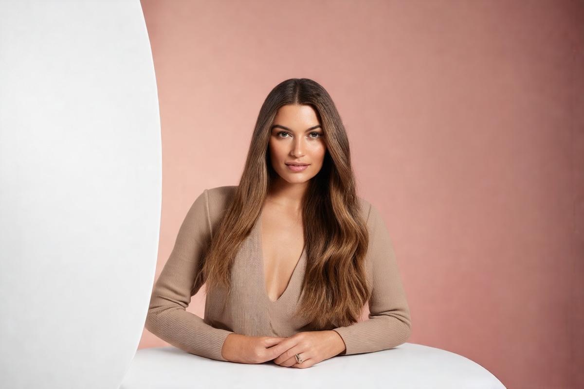 Mulher estilizando cabelo com acessorios modernos em frente ao espelho
