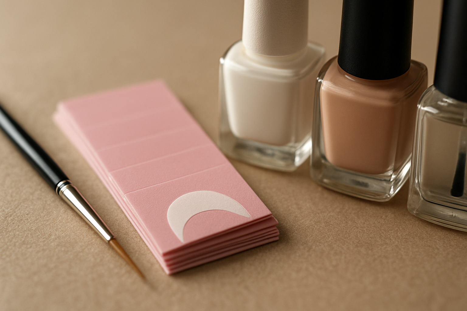 Unhas Ferramentas essenciais para francesinha: pincel fino, guias adesivas, esmalte branco, base nude e top coat dispostos so