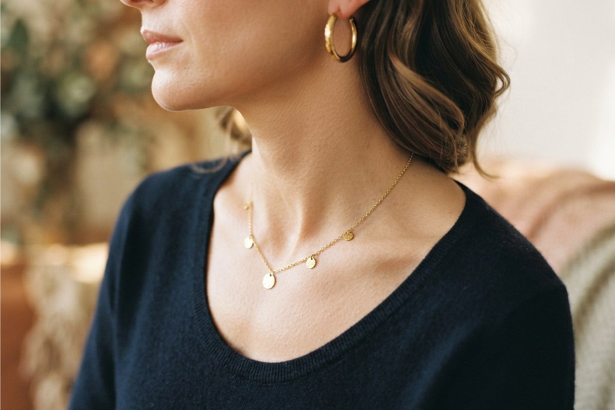 Mulher usando colar delicado dourado e brincos de argola dourados em close do decote