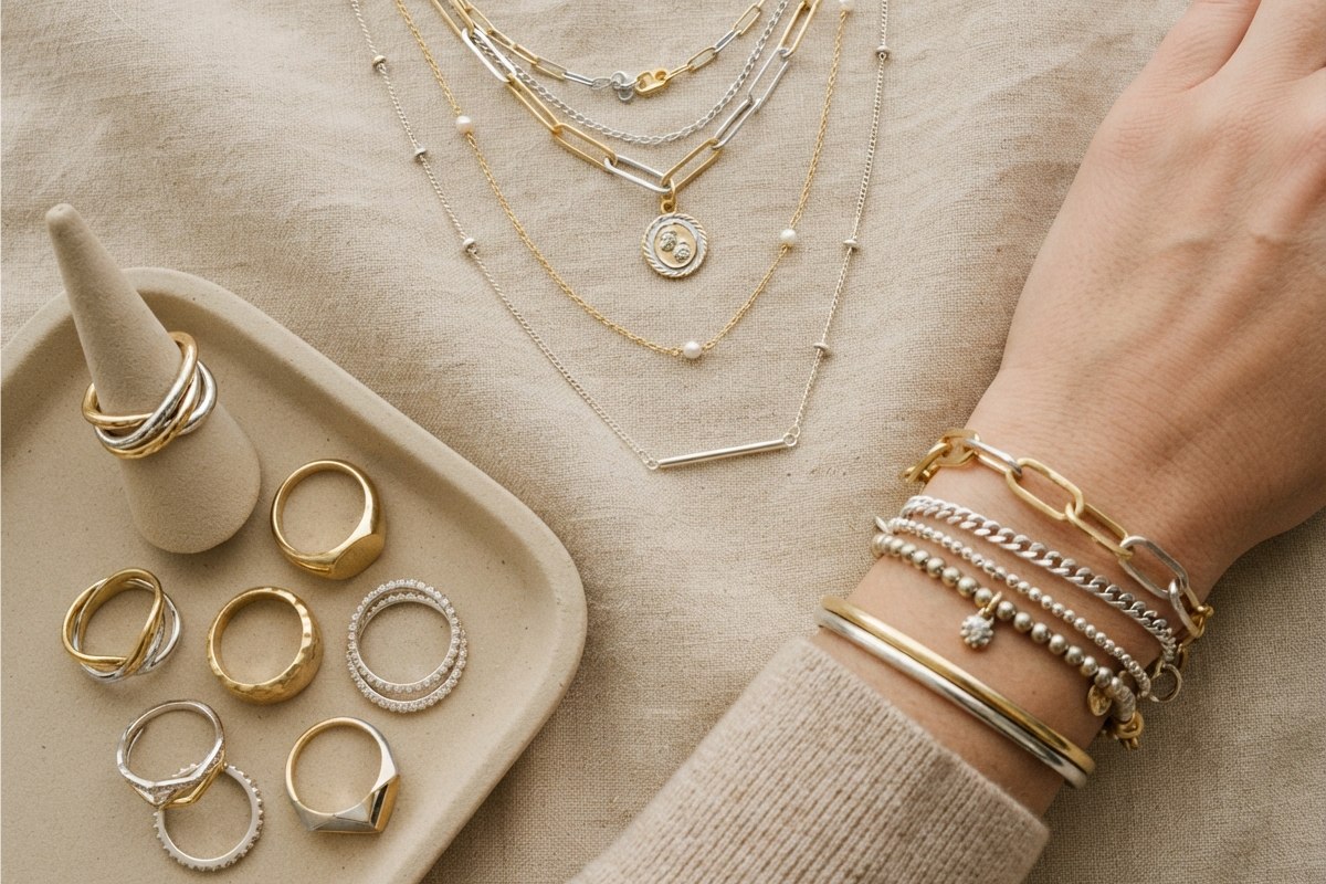 Flat-lay misturando anéis dourados e prateados, colares two-tone e pulseiras de metais mistos
