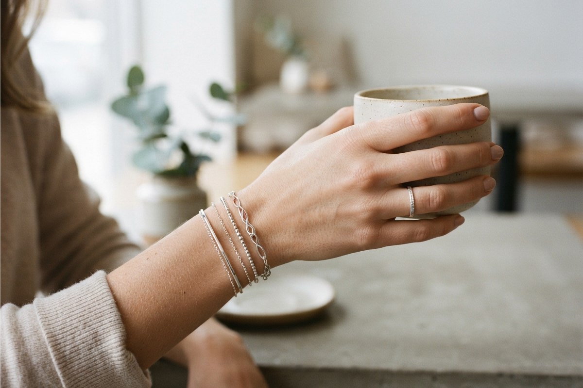 Pulso feminino com pulseiras prateadas em camadas e anel prateado segurando xícara de café