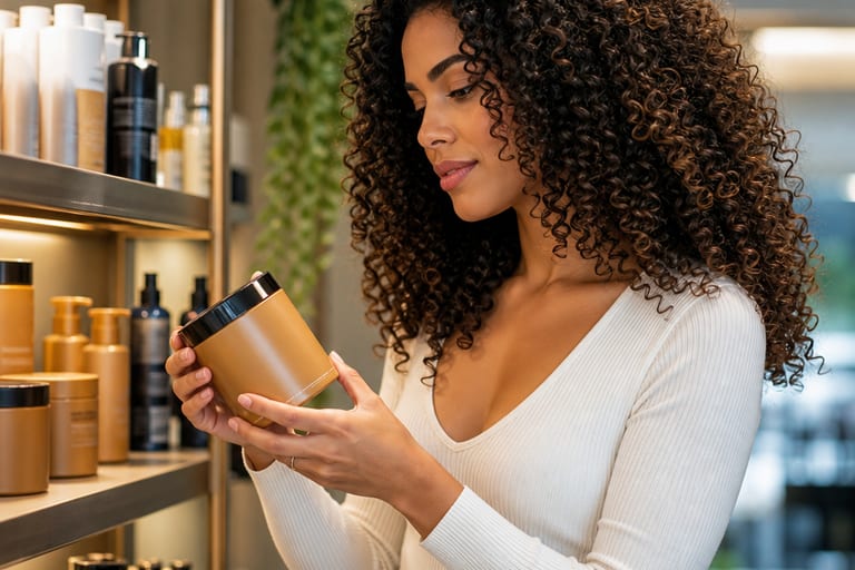 Mulher em salão de beleza analisando produtos de cauterização capilar para cabelos cacheados, com prateleiras de produtos ao fundo em ambiente bem iluminado.