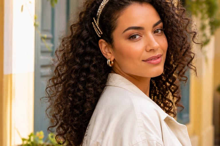 Mulher com cabelos cacheados usando tiara e presilhas em ambiente externo iluminado, exibindo um look descontraído e estiloso.