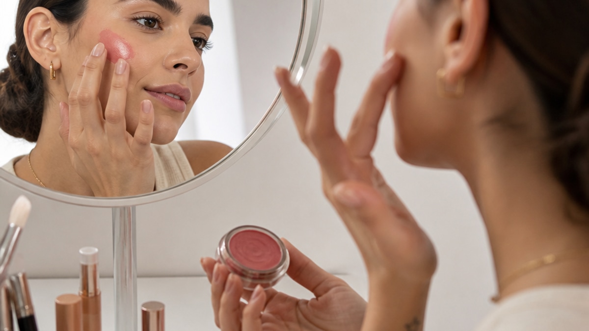 Mulher aplicando blush cremoso em um ambiente iluminado, com espelho e produtos de maquiagem ao redor.