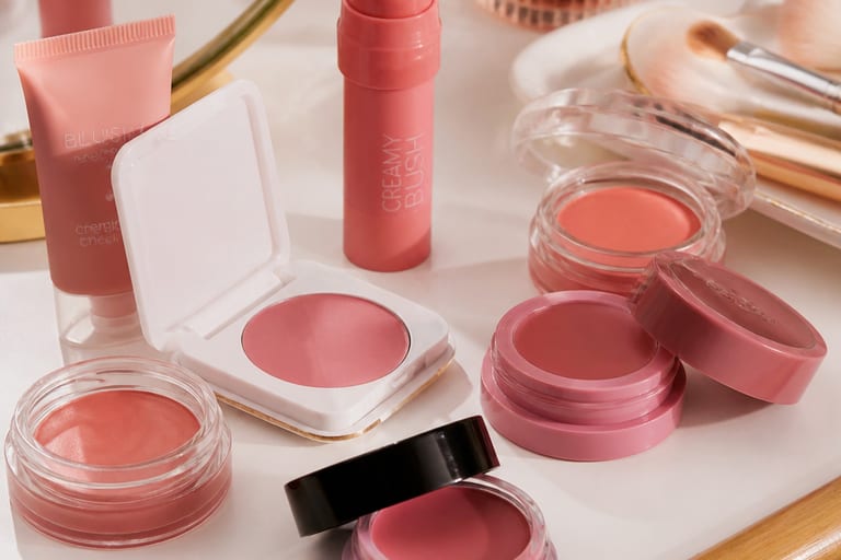 Vários modelos de blush cremoso em diferentes embalagens dispostos em uma mesa de maquiagem com iluminação suave.
