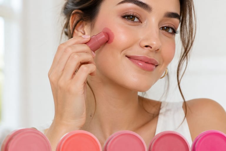 Paleta de cores de blush cremoso em diferentes tons, com uma mulher aplicando um dos blushes no rosto em um ambiente iluminado.