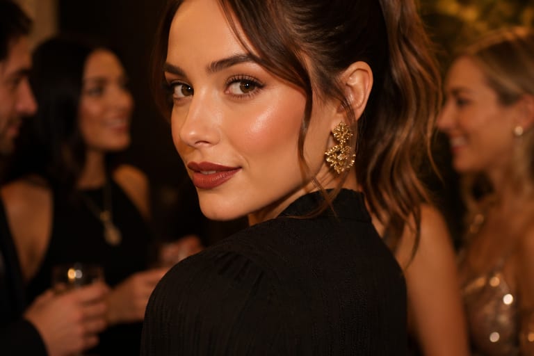 Mulher com maquiagem de festa, usando blush cremoso e batom combinando, em um ambiente festivo e iluminado, com amigos ao fundo.