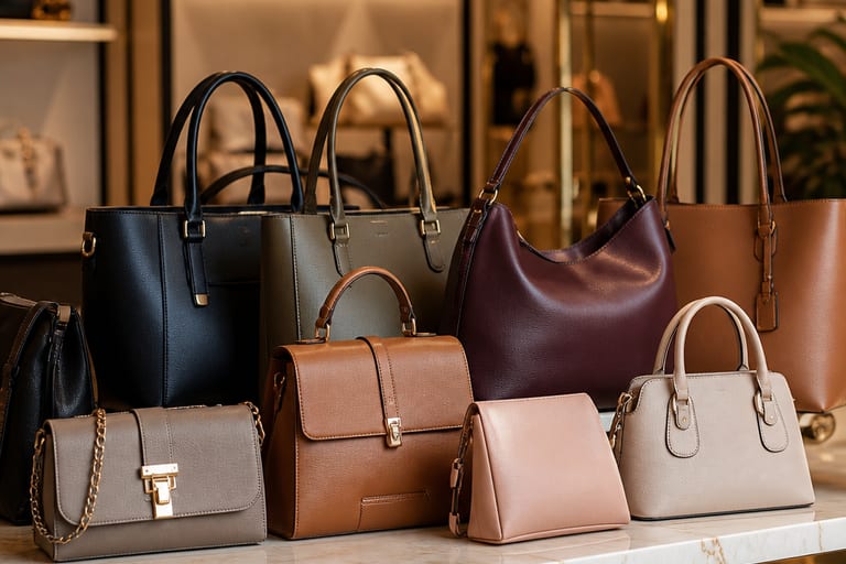 Várias bolsas modeling de diferentes tamanhos e cores dispostas em uma mesa em uma loja de acessórios, com iluminação suave.