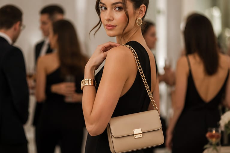Mulher elegante em evento social, usando bolsa modeling e acessórios sofisticados, com convidados ao fundo em ambiente iluminado.