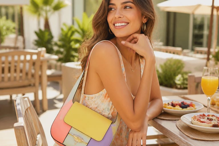 Mulher em um brunch ao ar livre, usando uma bolsa modeling colorida e um vestido leve, em um ambiente ensolarado com mesas e cadeiras ao fundo.