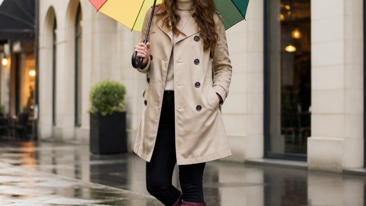 Mulher elegante usando bota de chuva feminina estilosa, casaco moderno e guarda-chuva colorido em um ambiente urbano durante um dia chuvoso.