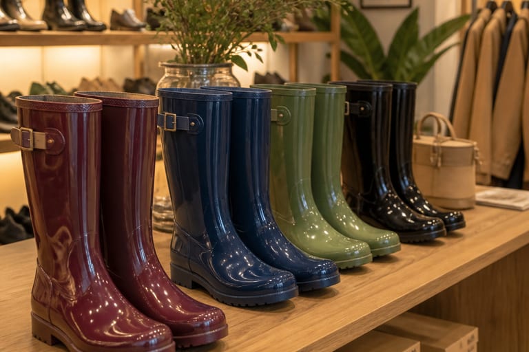 Várias botas de chuva femininas em diferentes cores e acabamentos expostas em uma loja com iluminação suave.