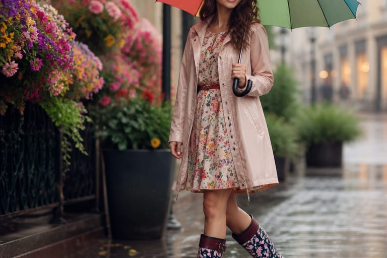 Mulher usando bota de chuva feminina estilosa, vestido floral e casaco leve, em ambiente externo durante leve chuva, segurando um guarda-chuva colorido.