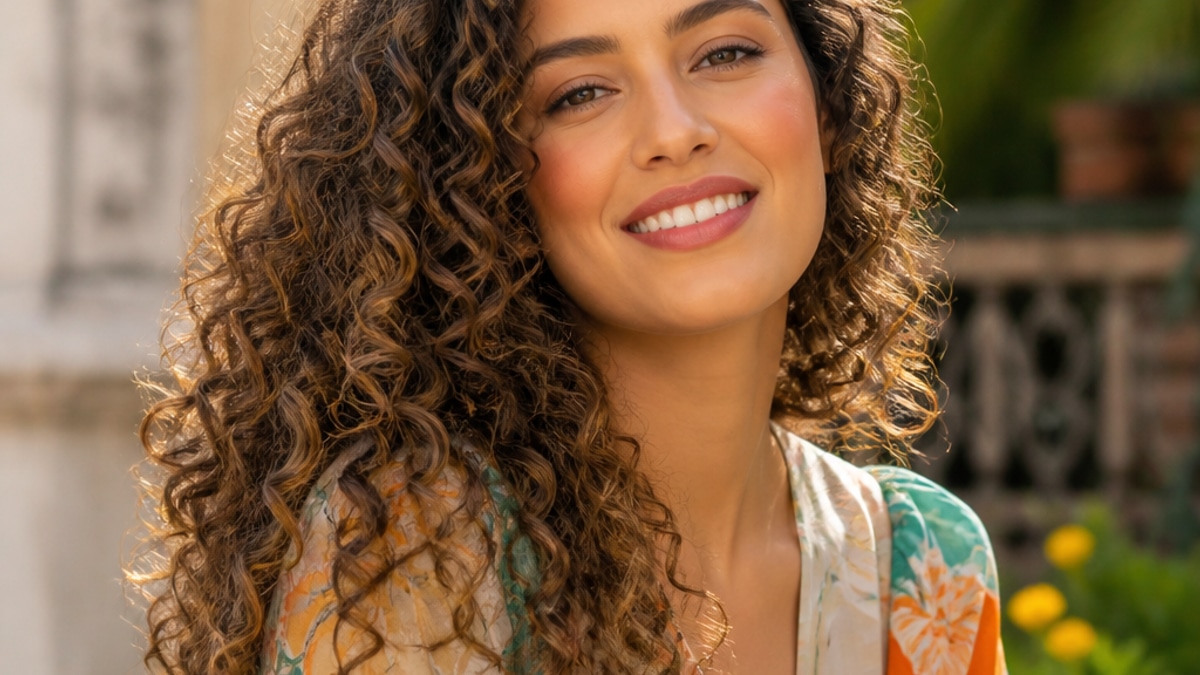 Mulher com cabelo cacheado definido e sorriso confiante, em um jardim ensolarado, usando blusa leve e colorida.