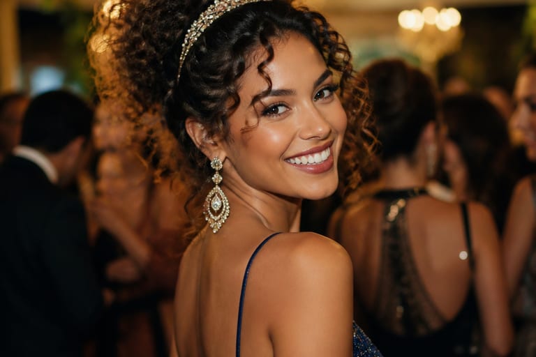 Mulher sorrindo em ambiente de festa, usando tiara e brincos grandes, com cabelo cacheado e vestido elegante.
