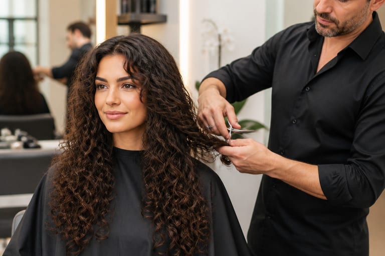 Mulher com cabelo longo cacheado recebendo um corte moderno em um salão de beleza, com cabeleireiro ao lado.