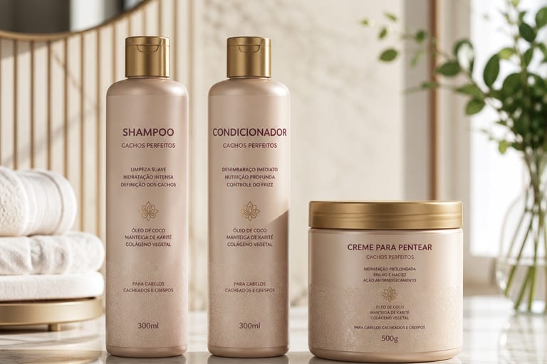 Produtos para cabelo longo cacheado, incluindo shampoo, condicionador e creme para pentear, dispostos em uma mesa de mármore em um ambiente bem iluminado.