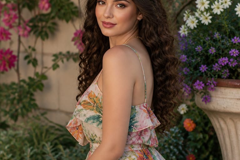 Mulher com cabelo longo cacheado usando uma tiara elegante em ambiente externo com flores ao fundo, vestindo um vestido leve e colorido.