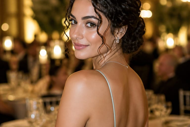 Mulher com cabelo longo cacheado em evento formal, usando vestido elegante e coque baixo, com acessórios delicados, em ambiente bem iluminado.