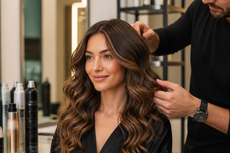 Mulher com cabelo ondulado sendo estilizado por um cabeleireiro em um salão de beleza bem iluminado, com produtos de cabelo ao fundo.