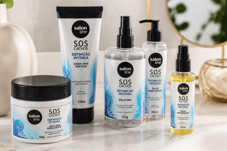 Produtos para cabelo em uma mesa de mármore, incluindo cremes, géis e óleos, em um ambiente bem iluminado.