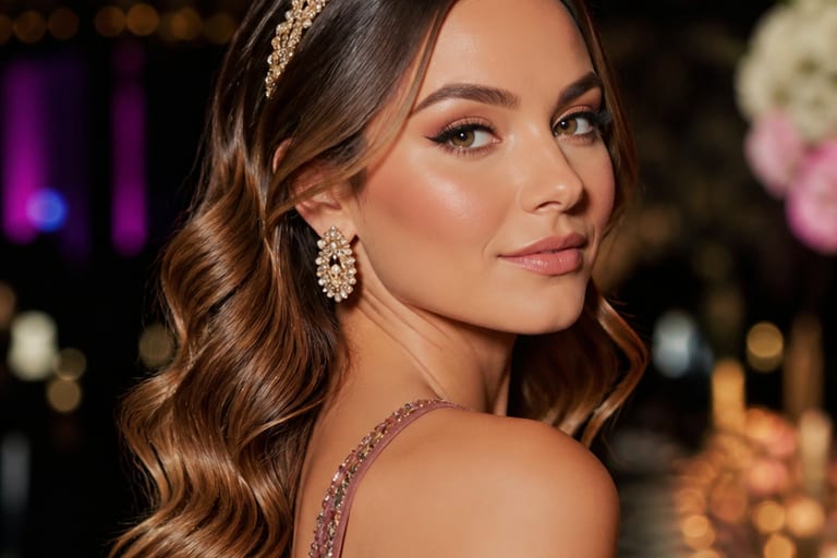 Mulher com cabelo ondulado e tiara elegante em ambiente de festa.