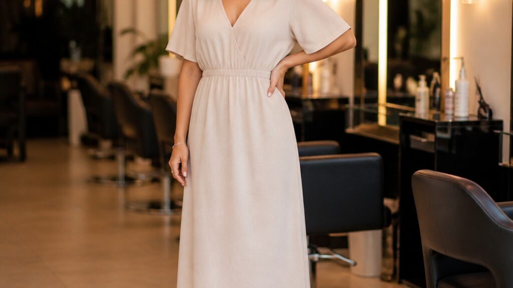 Mulher sorrindo com cabelo repicado em um salão de beleza moderno, com espelhos e luzes suaves ao fundo.