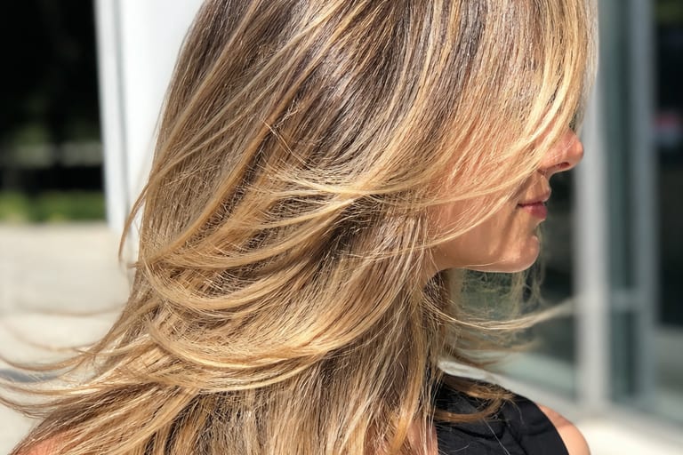 Close em cabelo repicado feminino com mechas loiras em ambiente externo iluminado pelo sol, destacando a textura e o movimento dos fios.