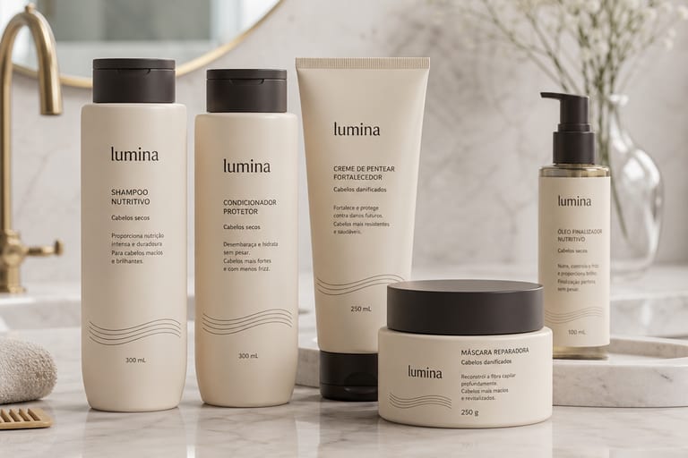 Produtos de cabelo em uma mesa de mármore, incluindo shampoos, condicionadores e máscaras com embalagens elegantes.