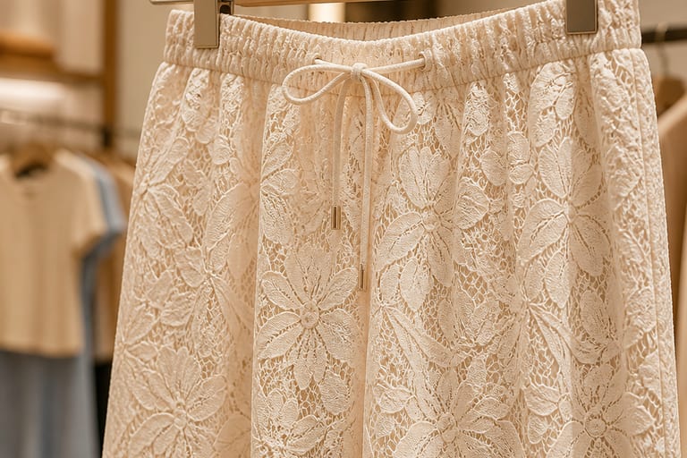 Close em detalhes de calça de renda feminina com forro, destacando a textura e a qualidade do material em ambiente de loja com iluminação suave.