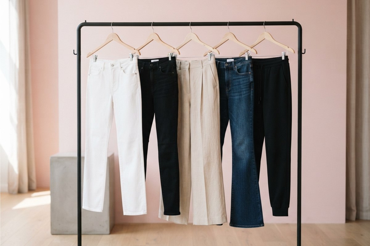Modelos de calça para cada tipo de corpo pendurados em cabides em fundo rosa