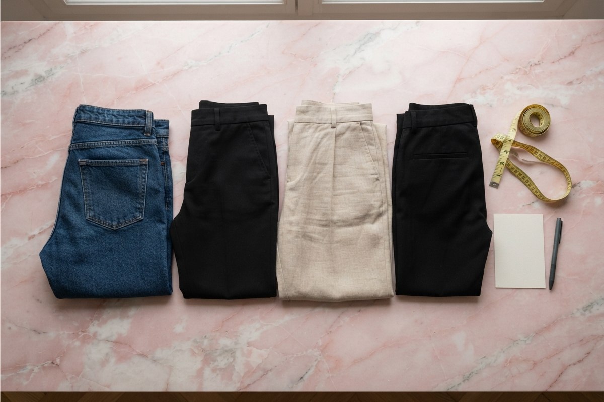Flat-lay de calças em diferentes cortes sobre superfície rosa com fita métrica