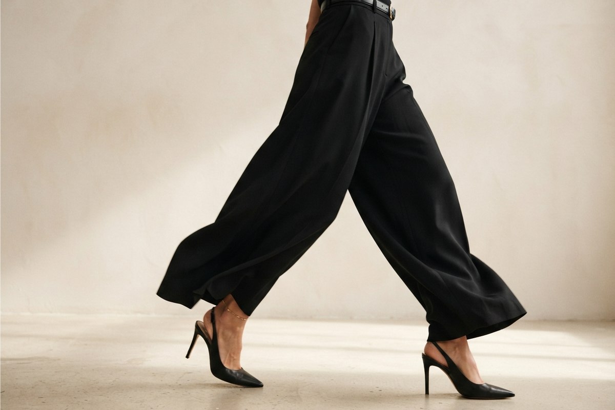 Pernas femininas usando calça pantalona preta com salto